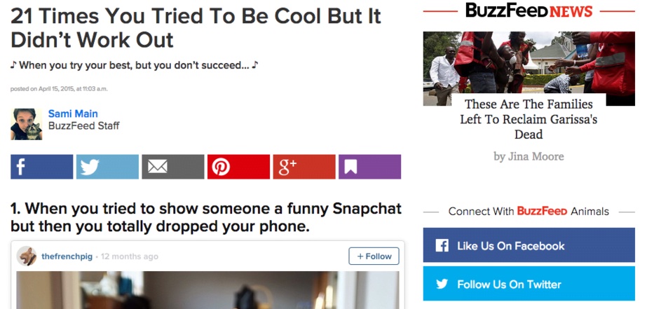 Each article on the Buzzfeed website features a line of share buttons for four different social media platforms. 