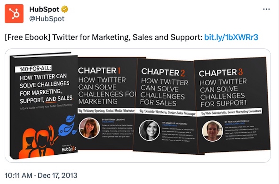 A Twitter post by Hubspot promotes its e-book on Twitter for Marketing, Sales and Support.