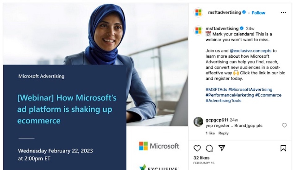 In a Facebook post, Microsoft promotes a webinar for its advertising platform.