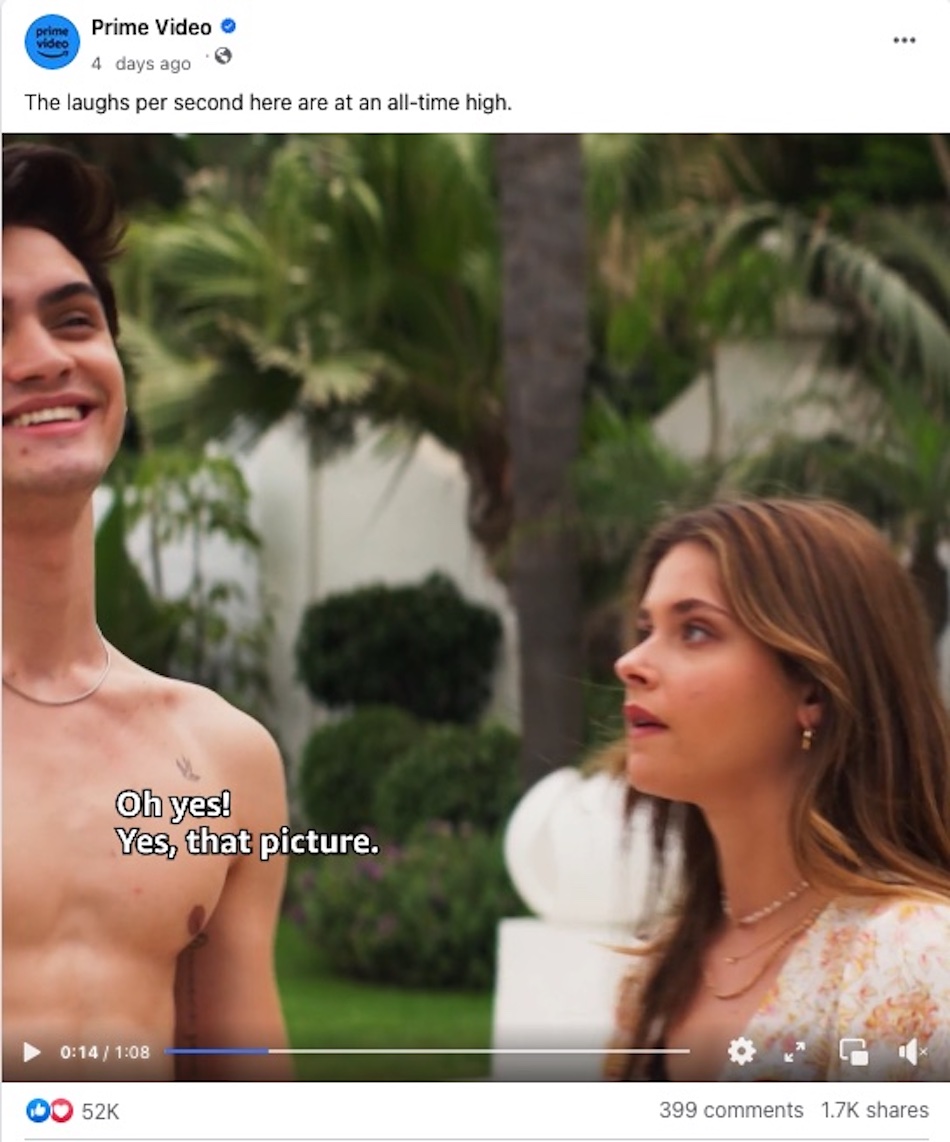 A Facebook post from Prime Video features a still from a random video clip from one of the channel's shows.