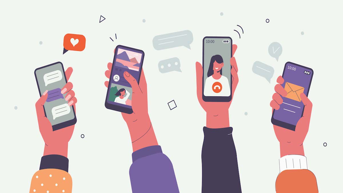 Stylized drawing of four hands holding smartphones that communicate with each other