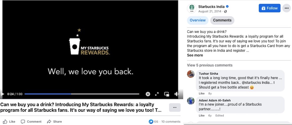 A Starbucks Facebook post promotes its My Starbucks Rewards loyalty program.