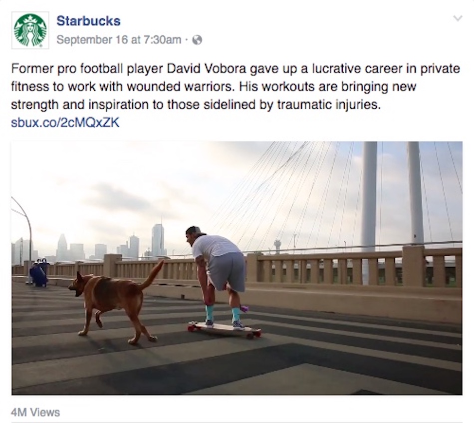Starbucks Instagram post promoting a video on former NFL player and wounded veteran trainer David Vobora