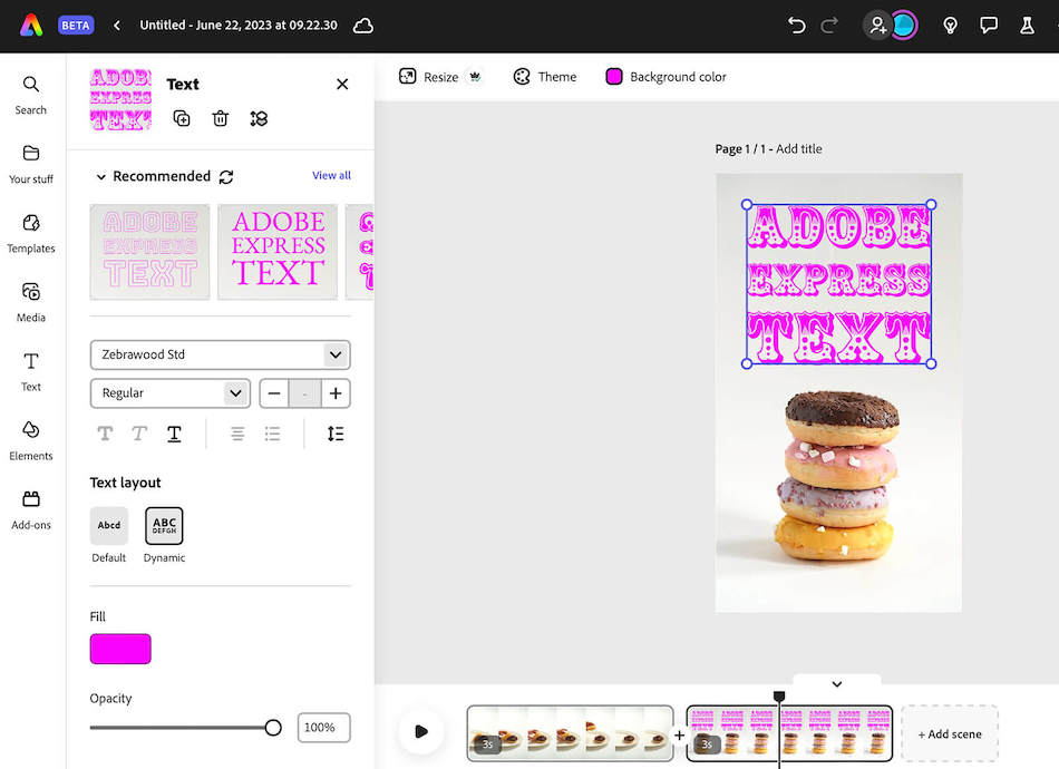 The interface for the video editing app Adobe Express shows how to add stylized text to a video of four stacked donuts.