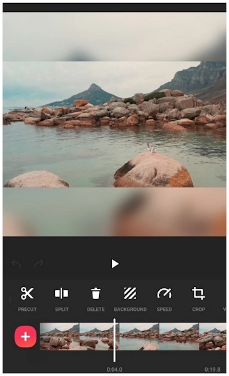 InShot video editing app interface shows a beach scene and editing controls.