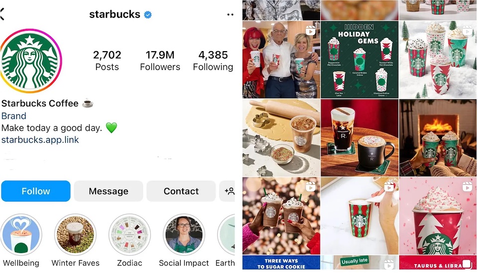 Multiple photos of Starbucks red and green decorated holiday cups are included in the company's Instagram account.