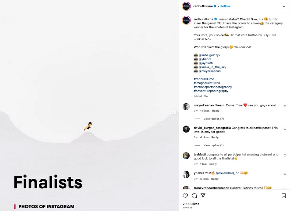 Red Bull posts a finalist snow board photo from its Red Bull Illume photo contest in Instagram, asking users to vote in the contest.