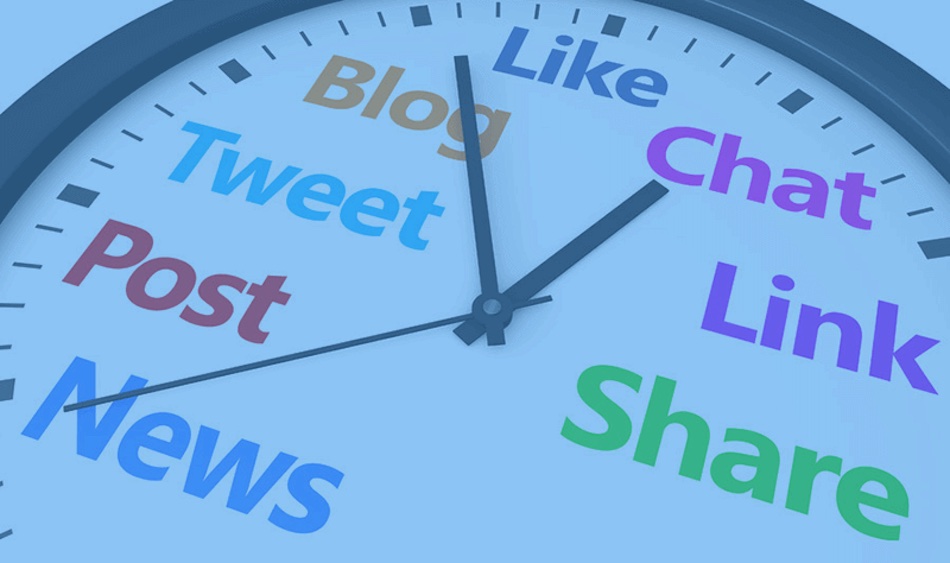 A clock face with the hour numbers replaced by social media terms like News, Post, Tweet, Blog, Like, Chat, Link and Share.
