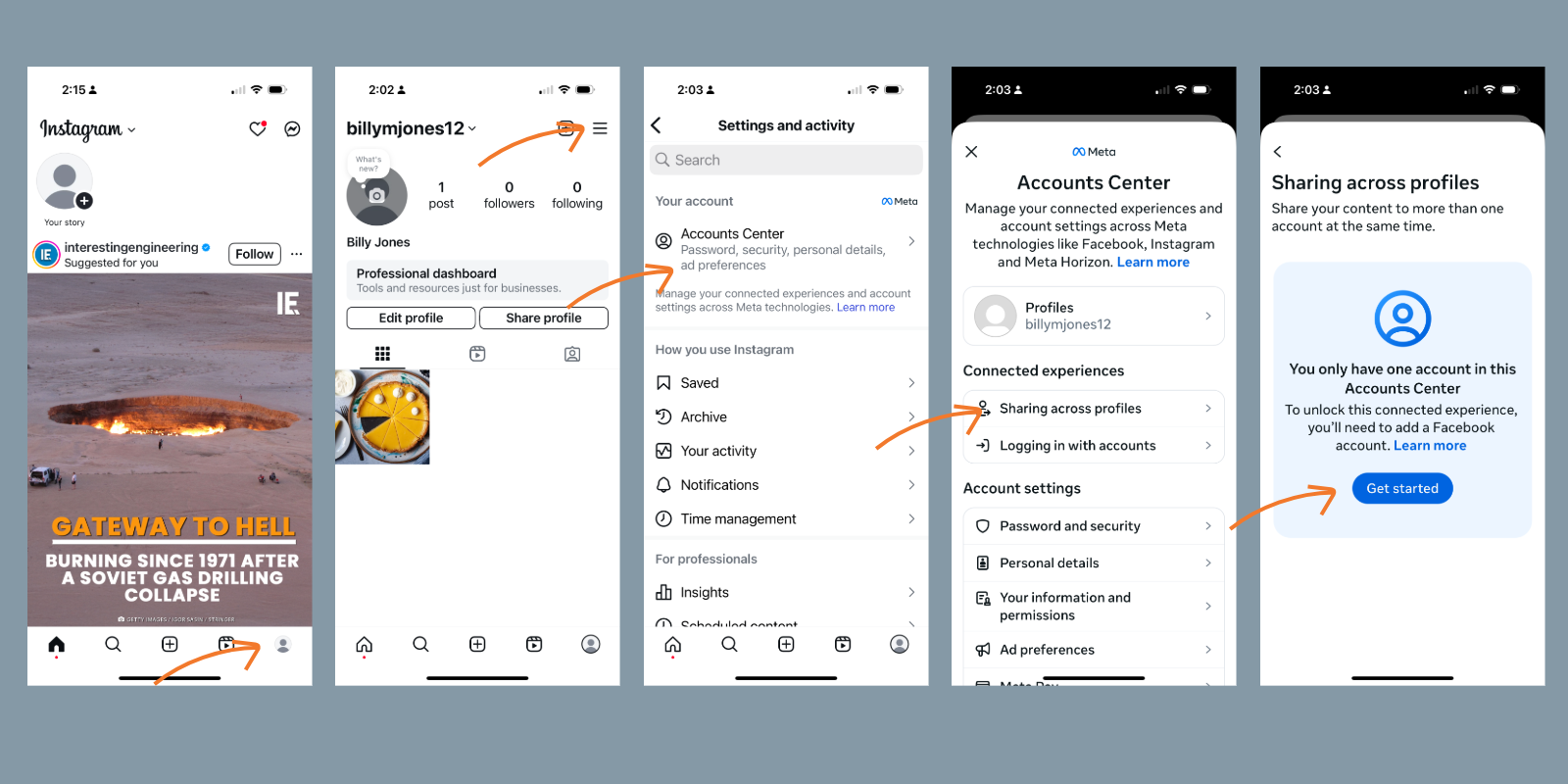 Screenshots of connecting Facebook and Instagram in IG app
