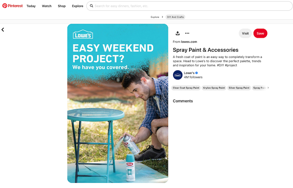 Lowe's Home Improvement acts on its social media strategy with a Pinterest post that highlights a dee eye why project involving spray paint.