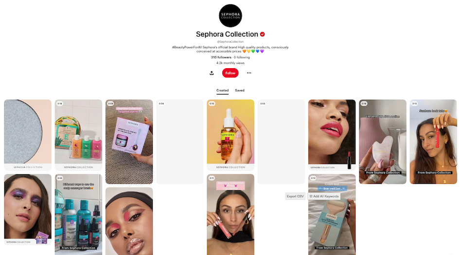 Sephora's Brand Profile on Pinterest shows multiple thumbnail pictures of diverse models under a short text phrase that reads "Beauty Power for all Sephora's official brand high quality products, consciously conceived at accessible prices"