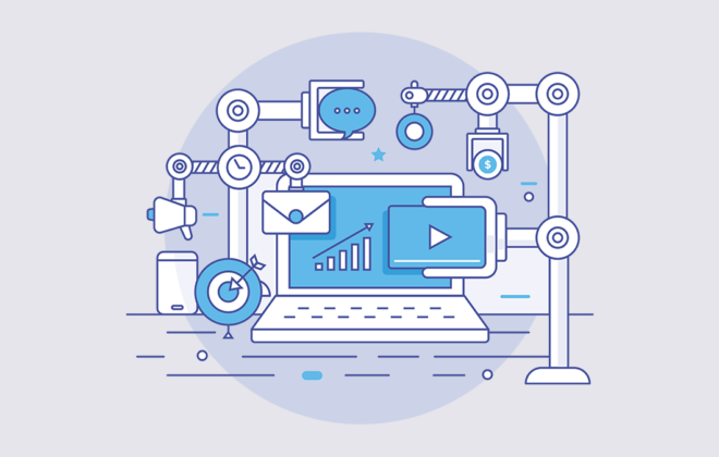 Illustrated mechanical representation shows automation working with a laptop to send emails, diagram growth, press play, send messages, hit targets and work together.