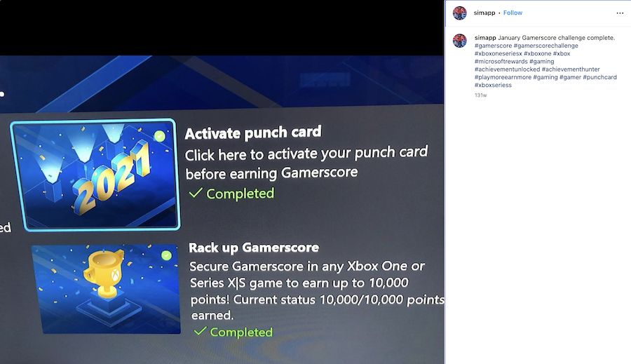 In an example of gamification, an Xbox Gameriscore player displays their completed Gamerscore in an Instagram post.