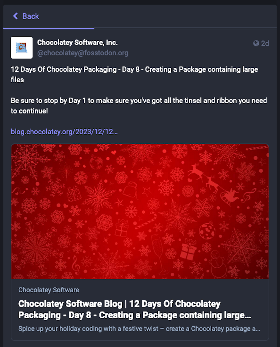 In their post on the burgeoning social media platform Mastodon, Chocolately Software use a winter abstract visual to promote their blog post on creating a package containing large files.