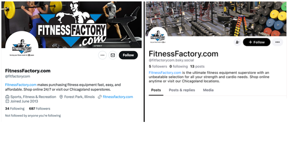 Side by side depiction of the Twitter and Blue sky profiles for the business named Fitness Factory