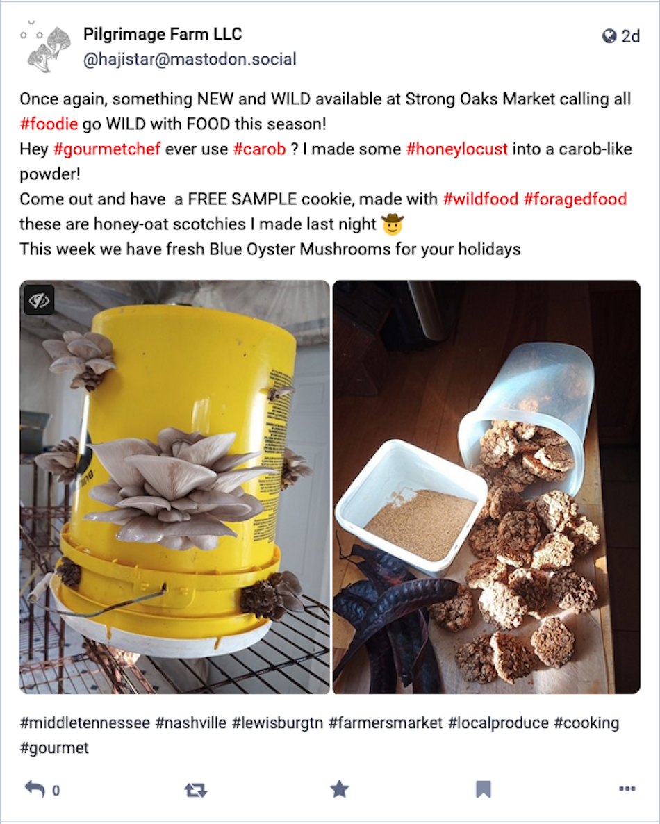 Pilgrimage Farm uses a two-photo post in Mastodon to promote its sale of cookies and wild organic mushrooms.
