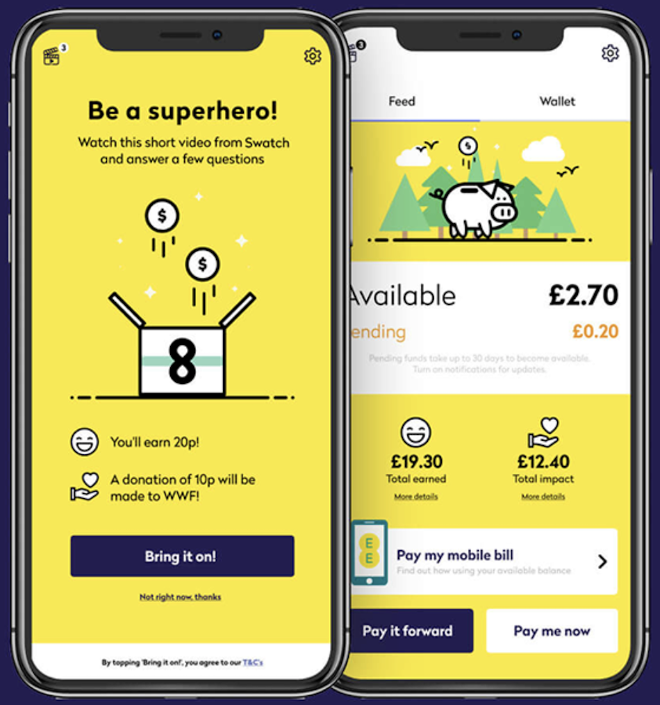 Screenshots from ad-viewing social media platform WeAre8 show graphics that explain the process of users earning credit for viewing branded short-form videos