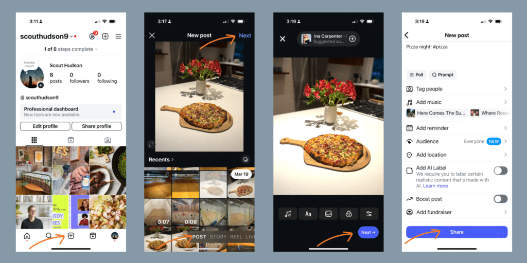 Sreen shots of steps to create an Instagram post