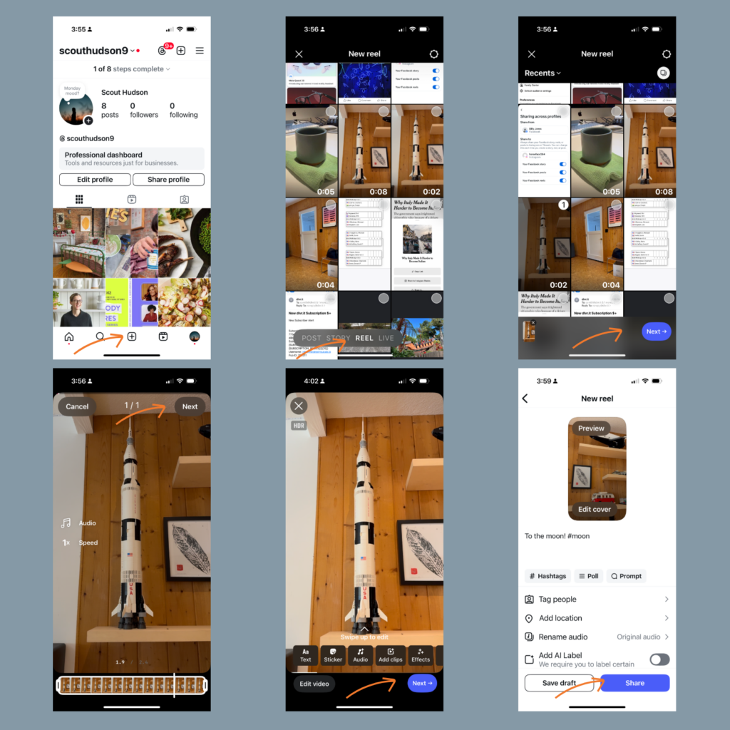 Screen shots of steps to post an Instagram Reel
