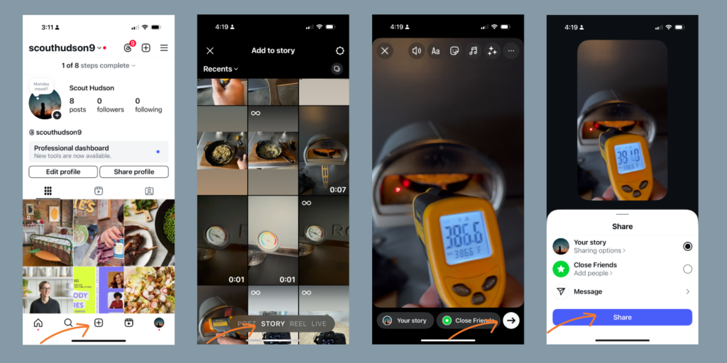 Screen shots of steps to post an Instagram Story