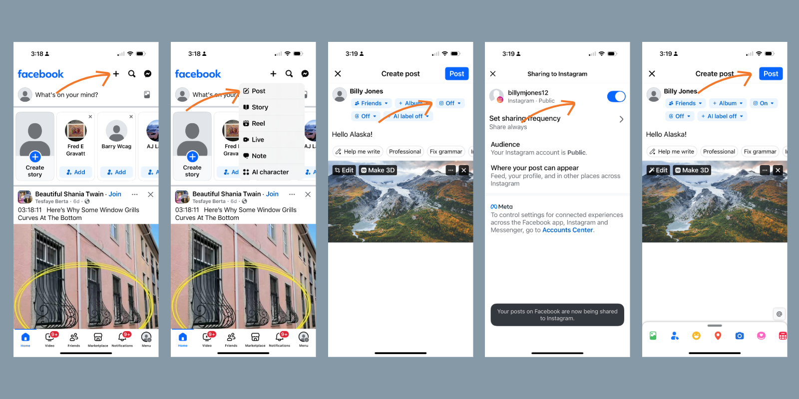 Screenshots of sharing Facebook Post to Instagram