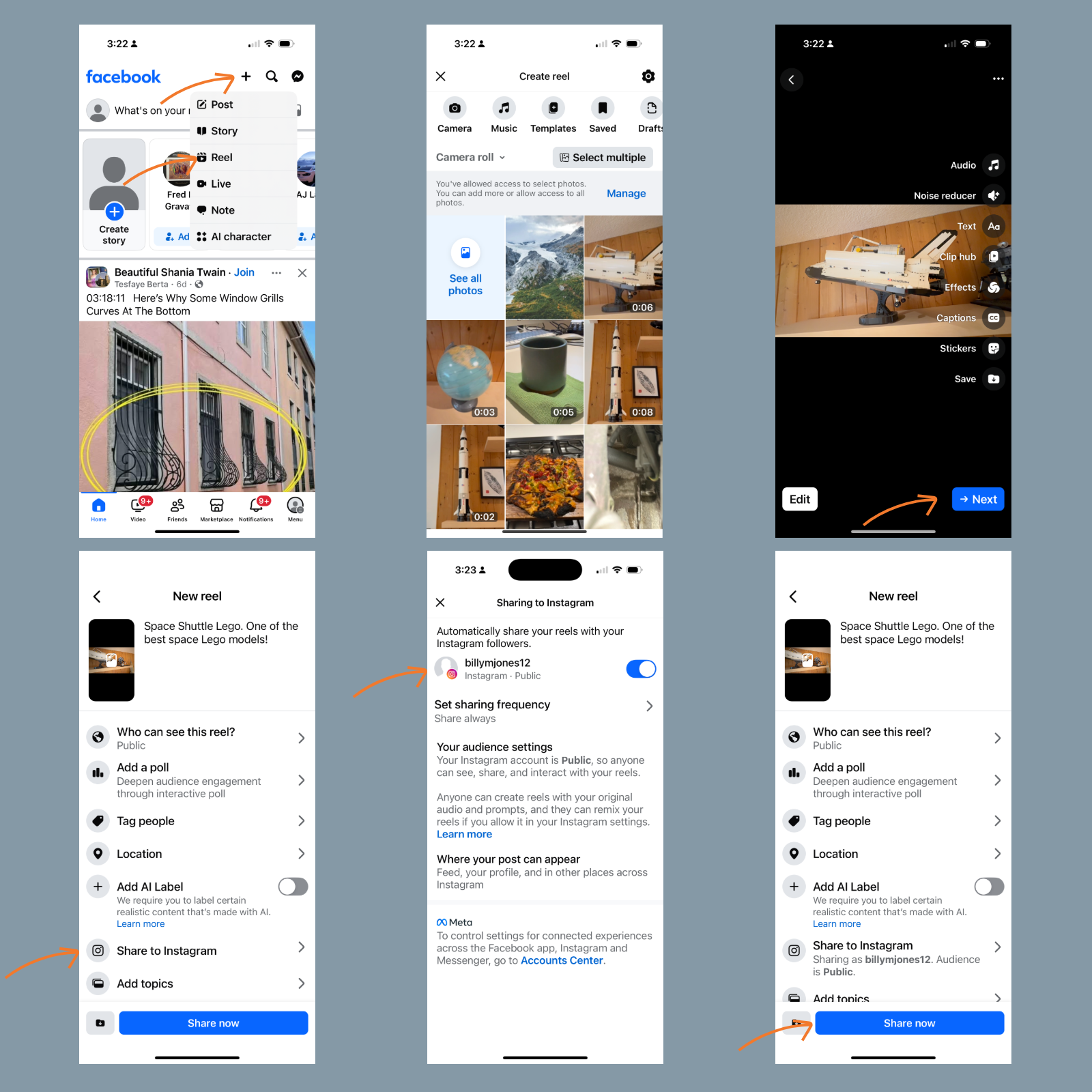Screenshots of sharing Facebook reel to Instagram
