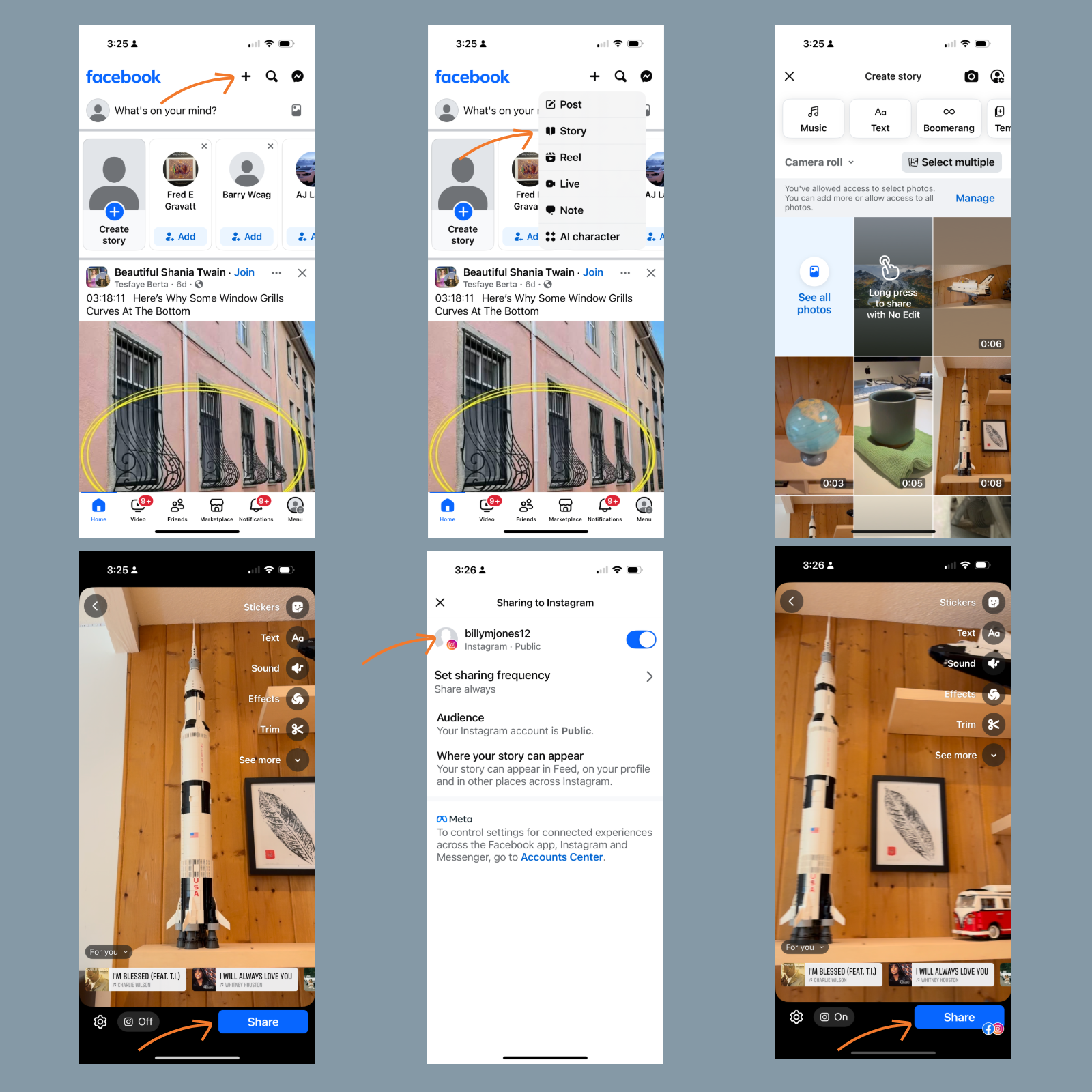 Screenshots of sharing Facebook story to Instagram