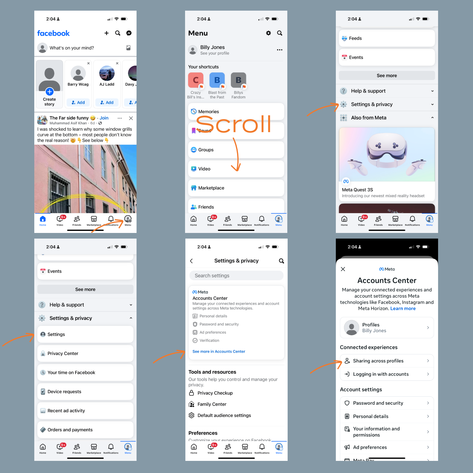 Screenshots of connecting Facebook and IG in Facebook App